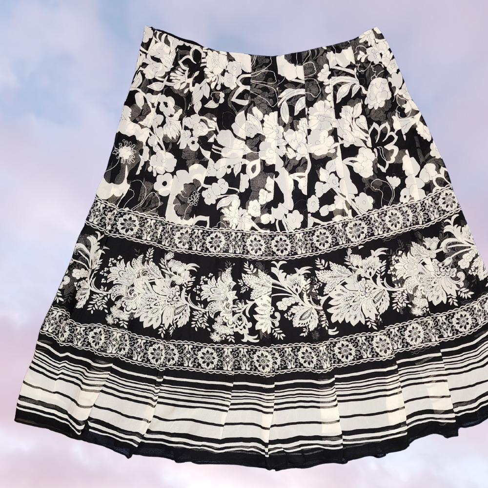 Jones New York Black Off White Floral Mod Retro Long Midi Pleated Silk Skirt 12 - Picture 3 of 5